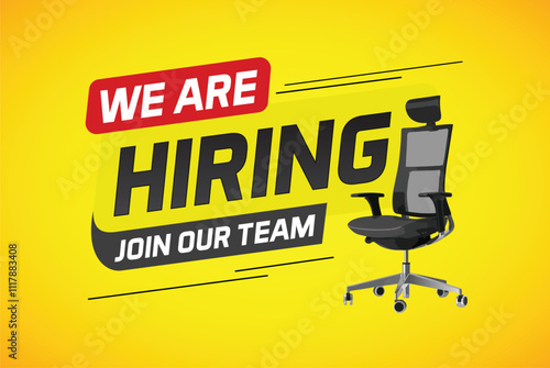 Hiring recruHiring recruitment design for banner poster. We are hiring join our now lettering with chair icon logo sign Vector illustration typographic. Open vacancy template

