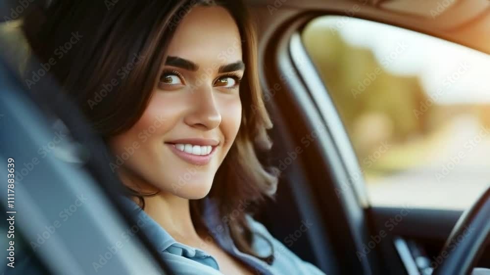 Brunette woman sitting behind the wheel driving car female driver face in rear view mirror closeup Brunette woman sitting behind the wheel driving car female driver face in rear view mirror closeup