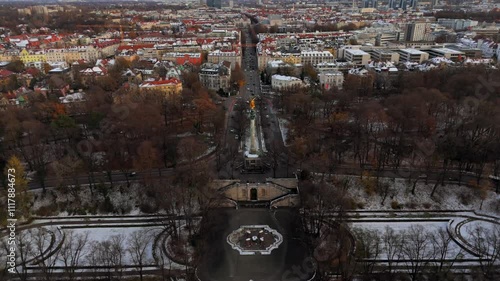 Angel of Peace Friedensengel viewpoint and peace monument in Munich, Germany aerial view in winter. Monument with its terrace in Maximiliansanlagen is popular vantage point. Europaplatz.  photo