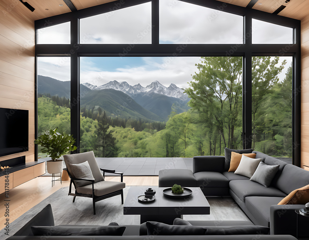 Fototapeta premium Modern Scandinavian home interior design characterized by an elegant living room featuring a comfortable sofa, mid century furniture, cozy carpet, wooden floor, white walls, and home plants.