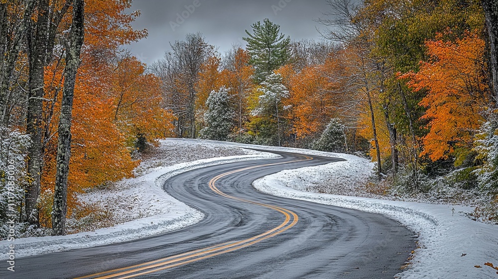 Winding Road Through a Forest with Orange Trees and Snow. AI generated illustration Winding Road Through a Forest with Orange Trees and Snow. AI generated illustration