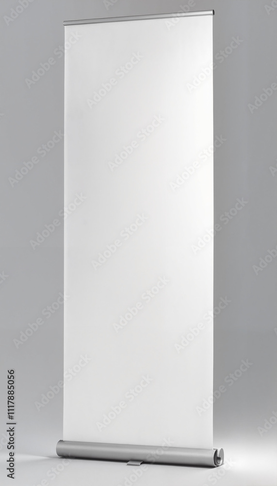Empty roll-up banner stand with blank display on light gray background for marketing, mockup Empty roll-up banner stand with blank display on light gray background for marketing, mockup