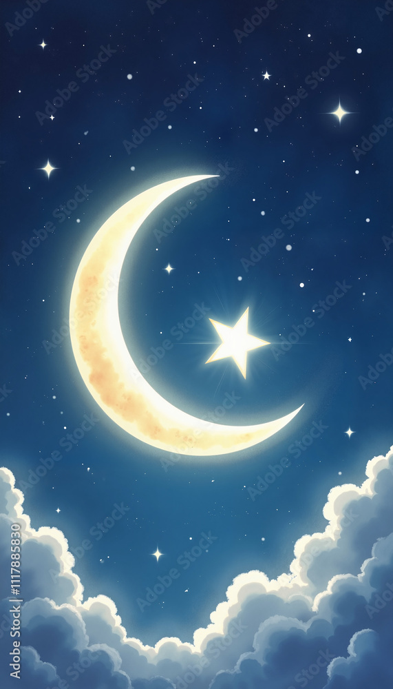 Fototapeta premium Bright crescent moon and shining star in night sky with soft clouds for dreamy illustration