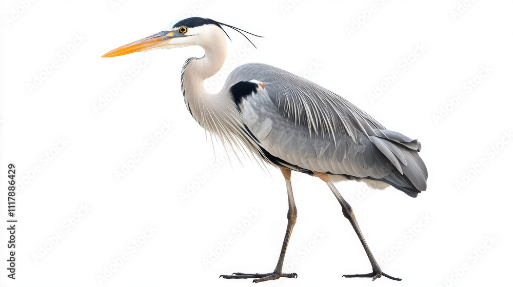 Elegant gray heron standing gracefully against a clean white background, showcasing its striking plumage and distinctive orange beak. Elegant gray heron standing gracefully against a clean white background, showcasing its striking plumage and distinctive orange beak.