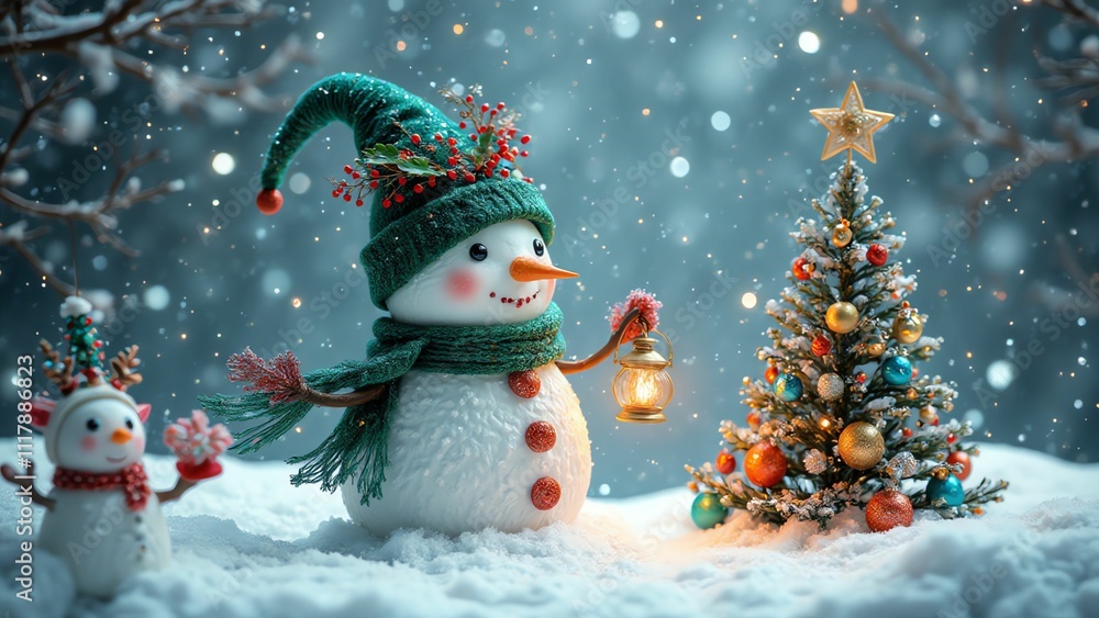 Charming Snowman Holding a Lantern Surrounded by Snowy Trees and Decorations in a Magical Winter Wonderland Scene Charming Snowman Holding a Lantern Surrounded by Snowy Trees and Decorations in a Magical Winter Wonderland Scene