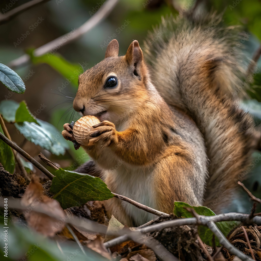 Fototapeta premium A close-up of a squirrel eating food, showcasing its delicate paws, fluffy tail