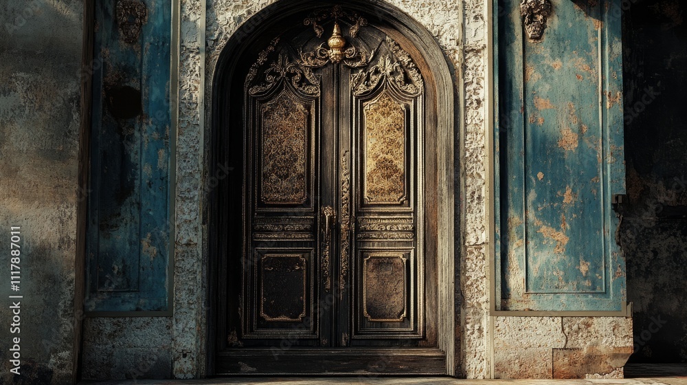 Antique palace door with ornamental brass details, faded paint, and intricate patterns that tell a story of a bygone era Antique palace door with ornamental brass details, faded paint, and intricate patterns that tell a story of a bygone era
