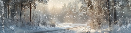 Snowy Winter Road in a Forest with Falling Snowflakes. AI generated illustration