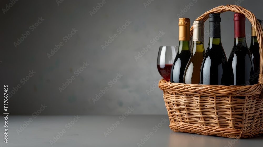 An elegant wine basket displays a selection of wines alongside a glass of red wine, offering a refined presentation perfect for celebrations or gatherings. An elegant wine basket displays a selection of wines alongside a glass of red wine, offering a refined presentation perfect for celebrations or gatherings.