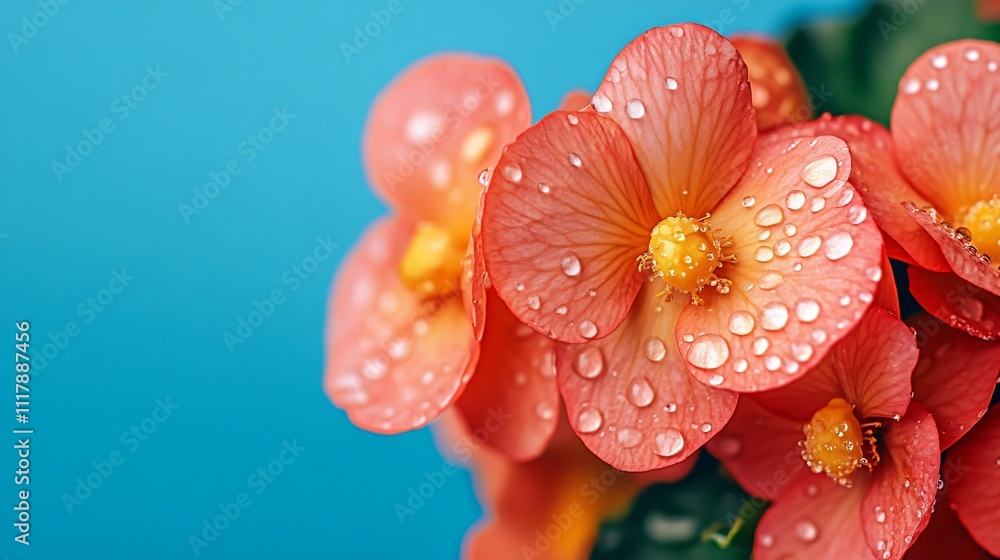 Close up of begonia flowers with raindrops, isolated against a gradient sky-blue backdrop Close up of begonia flowers with raindrops, isolated against a gradient sky-blue backdrop