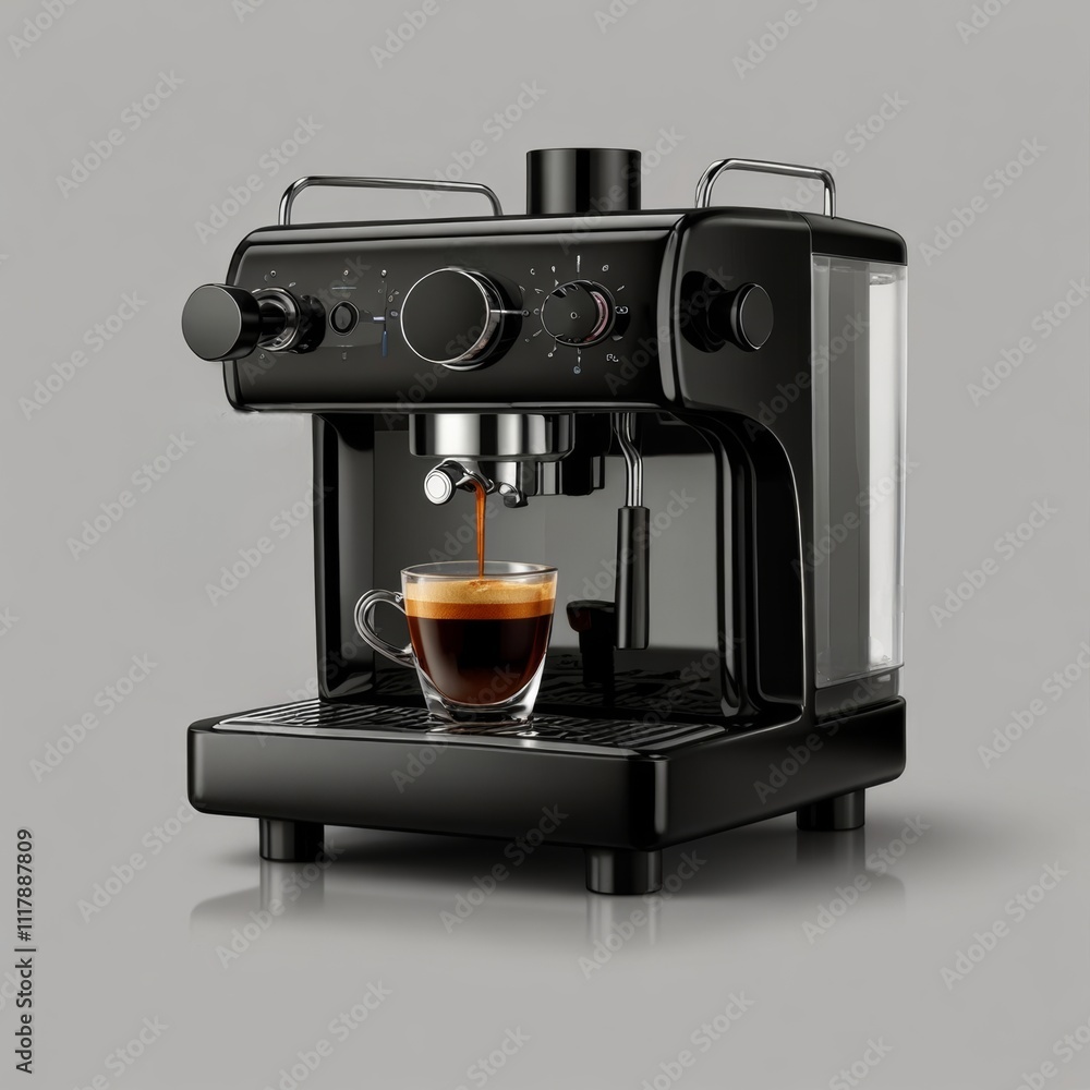 A sleek black espresso machine pours rich coffee into a glass cup, showcasing a beautifully crafted beverage, perfect for coffee enthusiasts. A sleek black espresso machine pours rich coffee into a glass cup, showcasing a beautifully crafted beverage, perfect for coffee enthusiasts.