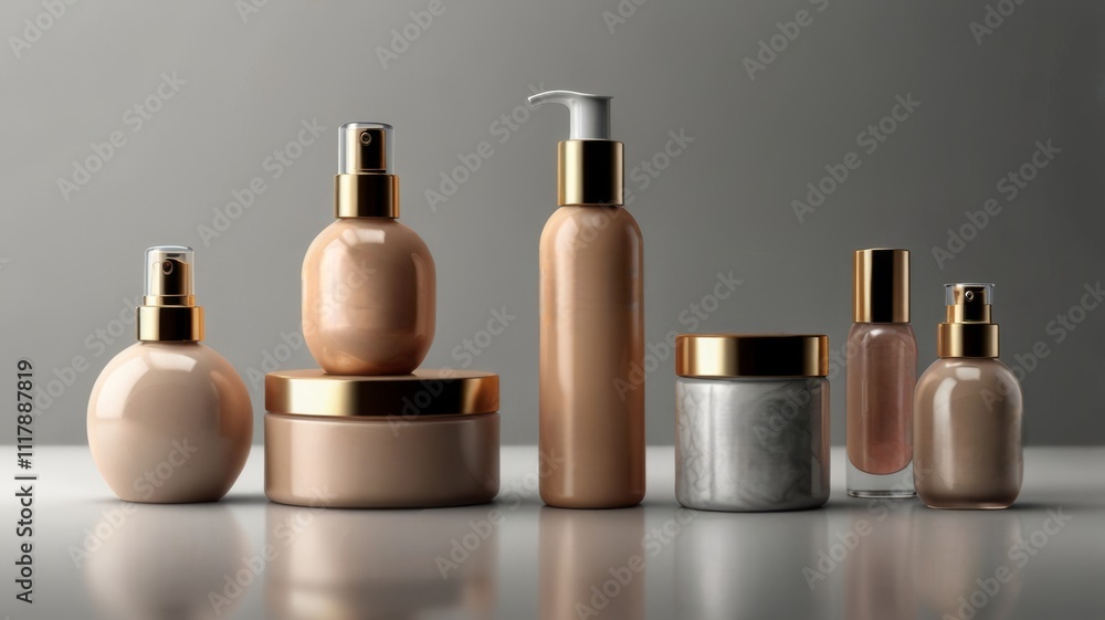 A beautiful display of various skincare products in elegant glass containers, featuring sleek lines and golden accents that emphasize luxury and beauty. A beautiful display of various skincare products in elegant glass containers, featuring sleek lines and golden accents that emphasize luxury and beauty.