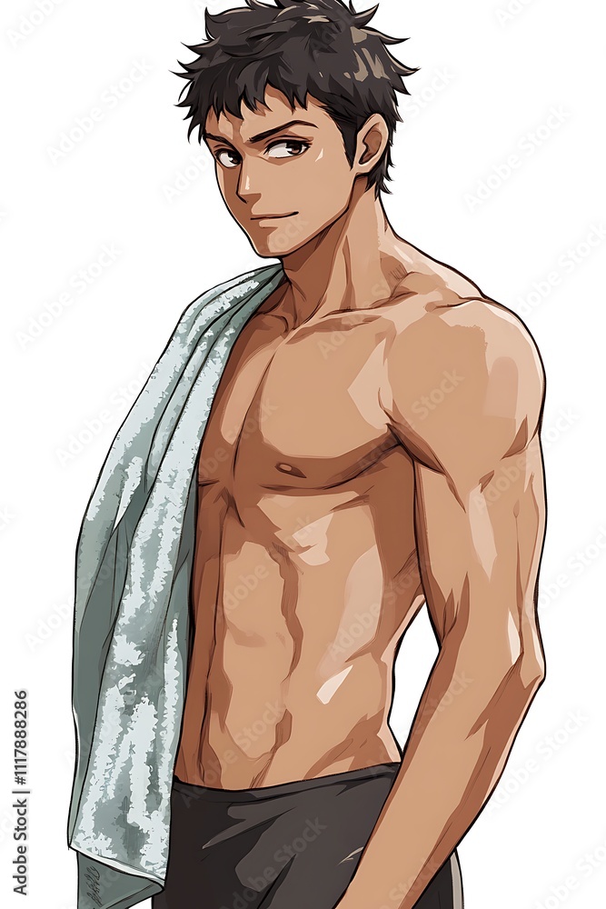 Fototapeta premium Anime swimmer with a towel over the shoulder on a white background