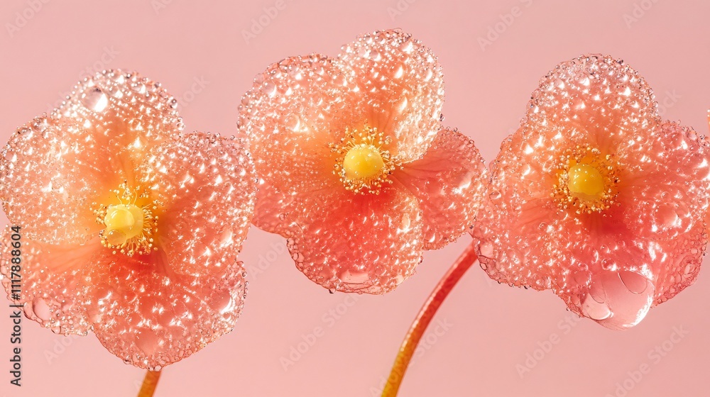 Macro shot of begonia flowers with dew, isolated on a pastel pink background for contrast Macro shot of begonia flowers with dew, isolated on a pastel pink background for contrast