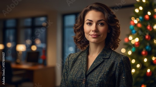 Wallpaper Mural A confident woman in a stylish dark blazer smiles amidst a festive office setting decorated with a Christmas tree and colorful lights, embodying professional elegance during the holidays Torontodigital.ca