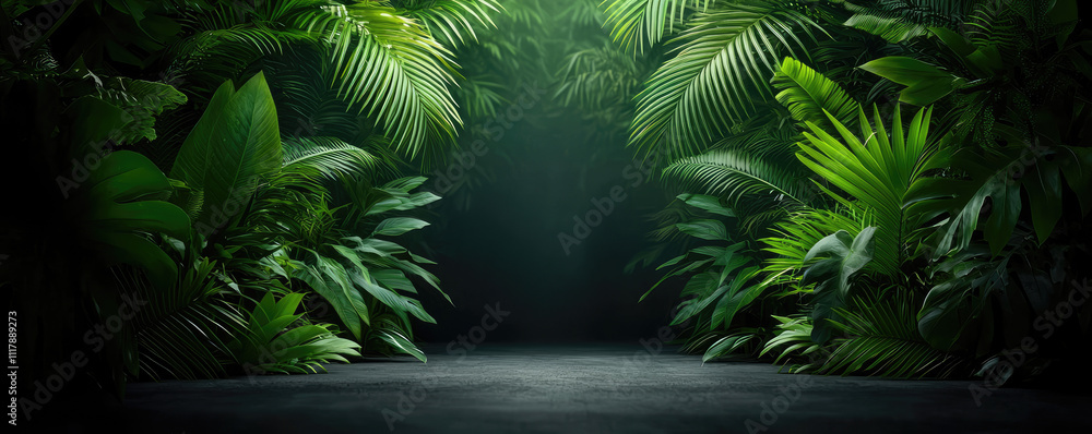 Lush green foliage creates a serene and tranquil jungle environment. Lush green foliage creates a serene and tranquil jungle environment.