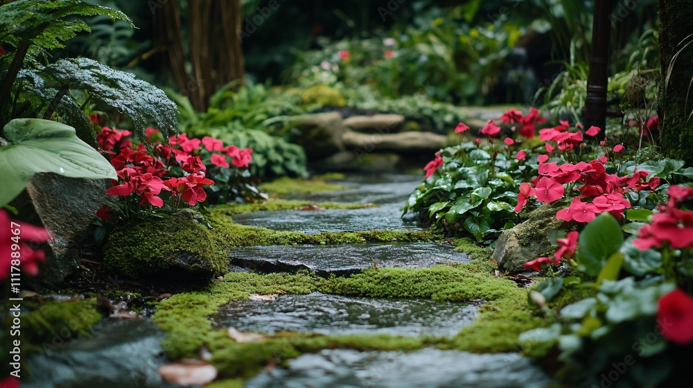 Rustic garden pathway with begonia plants lining the edges, surrounded by mossy stones Rustic garden pathway with begonia plants lining the edges, surrounded by mossy stones