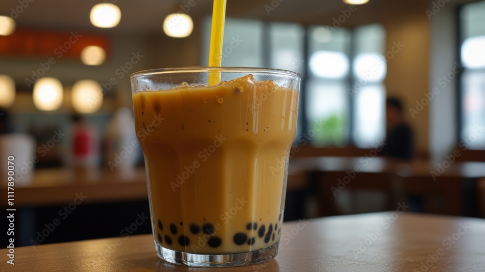 A refreshing glass of iced tea with tapioca pearls is served in a casual café setting, inviting you to enjoy the sweet and creamy blend, perfect for a warm day. A refreshing glass of iced tea with tapioca pearls is served in a casual café setting, inviting you to enjoy the sweet and creamy blend, perfect for a warm day.