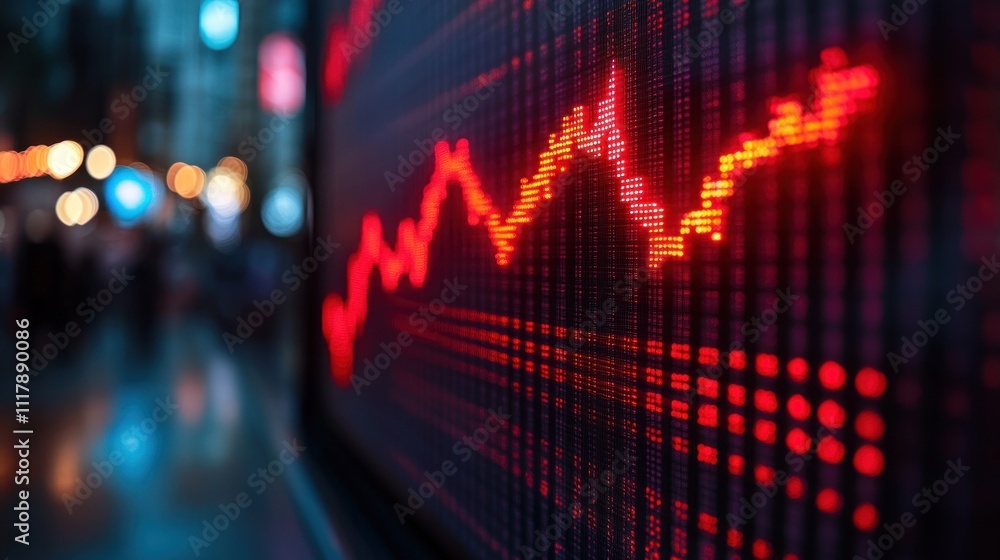 Red stock market crash graph displayed on a digital screen at night. Red stock market crash graph displayed on a digital screen at night.