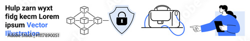 Text with example heading, connected nodes diagram, shield with lock for data security, conference bag, and businesswoman with a document. Ideal for technology, cybersecurity, networking, business