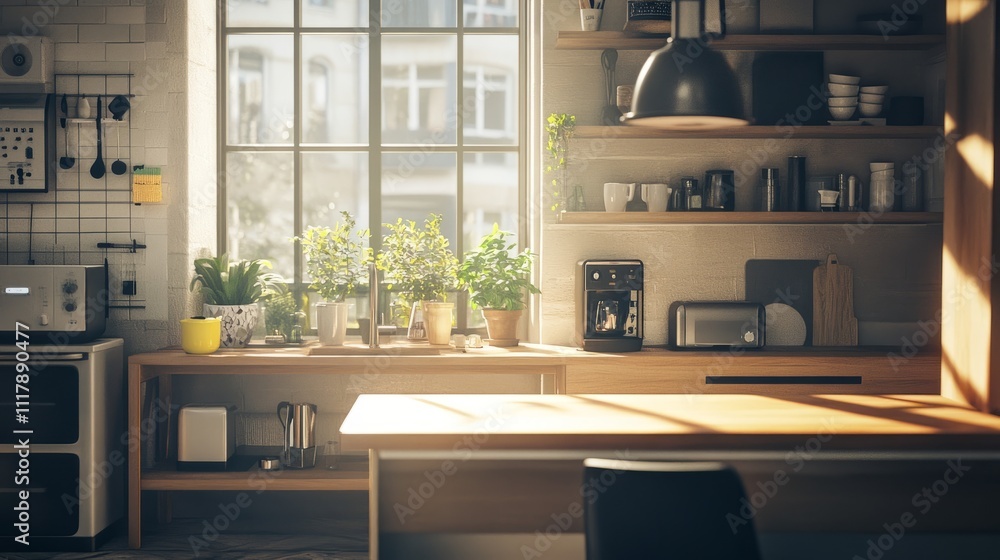 Contemporary kitchen design with a wooden desk near a wide window, bright sunlight illuminating modern appliances and furniture Contemporary kitchen design with a wooden desk near a wide window, bright sunlight illuminating modern appliances and furniture