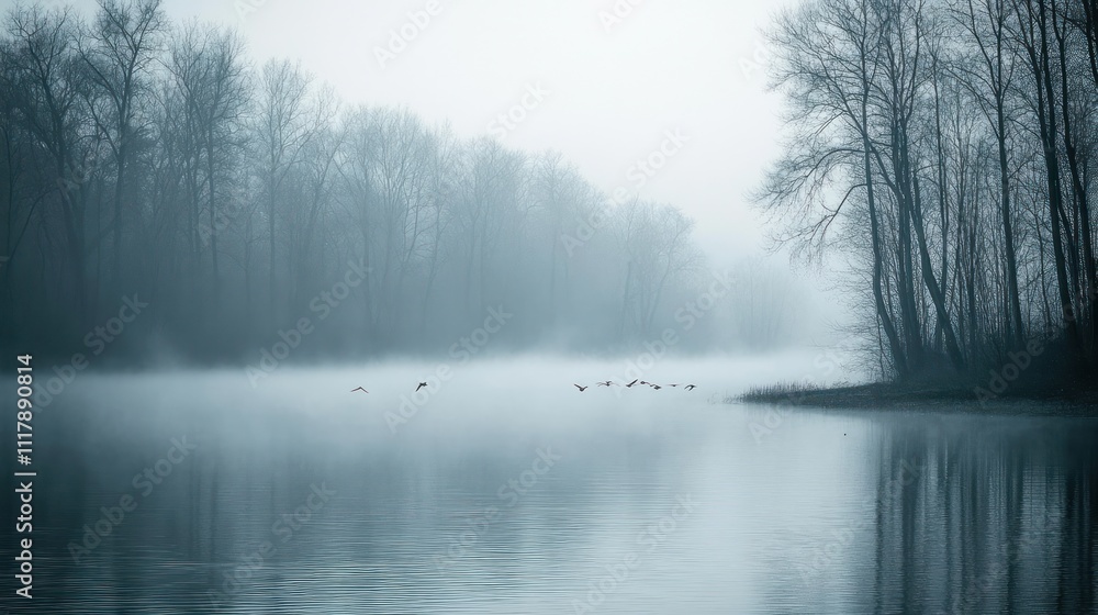 Misty lake with trees and birds in a tranquil setting Misty lake with trees and birds in a tranquil setting