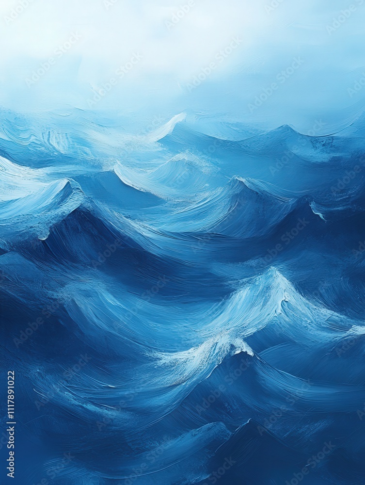 A serene abstract painting depicting rolling blue ocean waves, capturing the tranquility and movement of the sea. A serene abstract painting depicting rolling blue ocean waves, capturing the tranquility and movement of the sea.