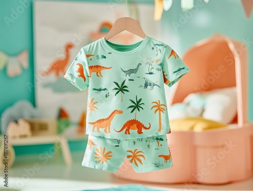 A set of girls' pyjamas featuring a fun dinosaur print, with a short-sleeved top and matching shorts. The top is green with a playful graphic of dinosaurs and palm trees, while the shorts are comforta photo