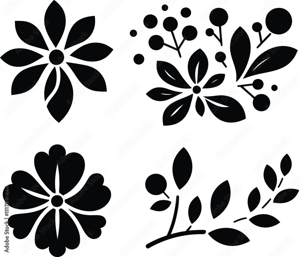 Fototapeta premium Black flower silhouette vector illustration hand-drawn decoration