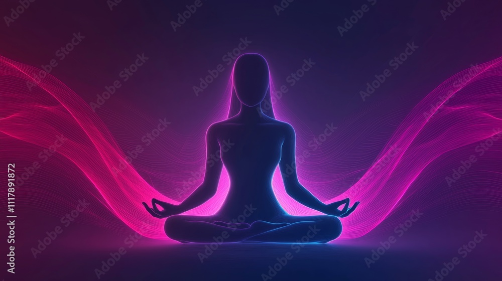 Mind-Body Connection concept. Ethereal Glowing Figure Meditating in a Cosmic Space with Vibrant Neon Waves Surrounding the Form Mind-Body Connection concept. Ethereal Glowing Figure Meditating in a Cosmic Space with Vibrant Neon Waves Surrounding the Form
