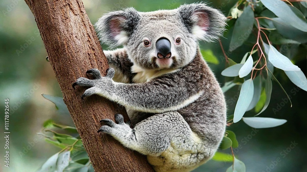 Fototapeta premium Adorable koala bear clinging to a eucalyptus tree.