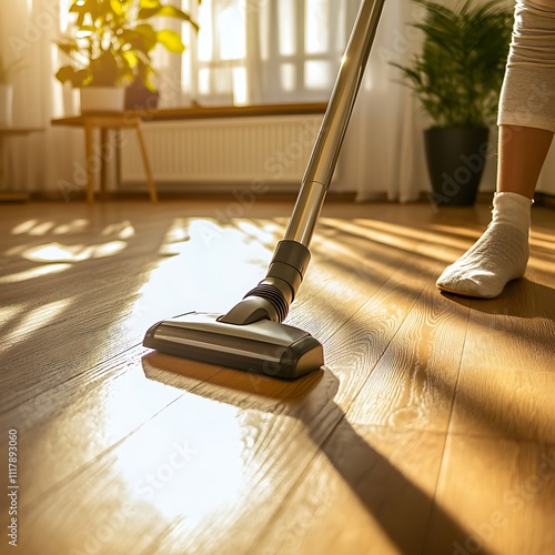 Wallpaper Mural Person vacuuming hardwood floor in sunlit room. Torontodigital.ca