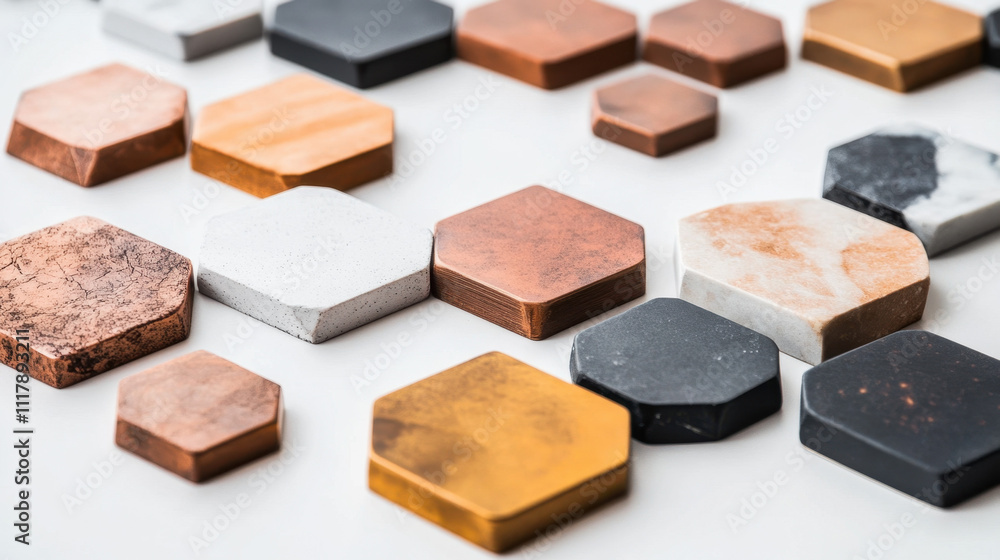 Fototapeta premium Assorted hexagonal stone tiles in various colors and textures displayed on a white surface.