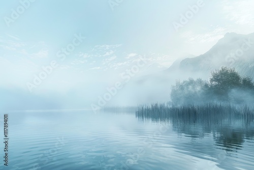 A serene lake shrouded in mist and fog, creating a tranquil and mysterious atmosphere in the background. Gentle morning mist over a quiet lake.