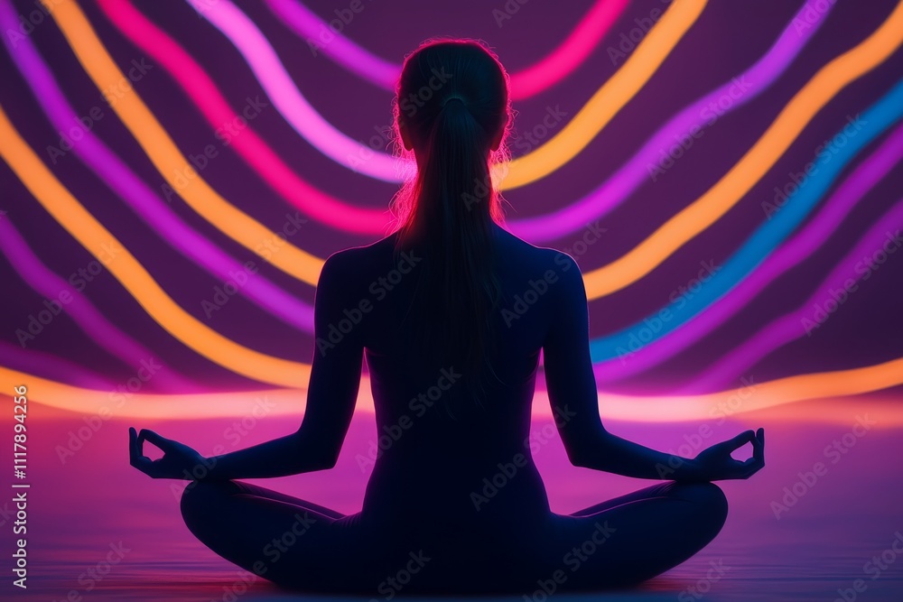 Mind-Body Connection concept. Glowing Silhouette of a Meditating Human Surrounded by Colorful Waves of Light in a Dark Space Mind-Body Connection concept. Glowing Silhouette of a Meditating Human Surrounded by Colorful Waves of Light in a Dark Space