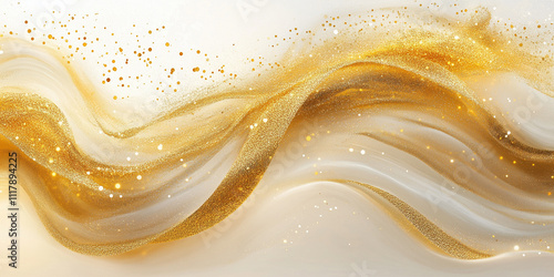 Golden sand, dust and glitter flow on white background, luxury background, gold and white colors. Banner and advertise backdrop.