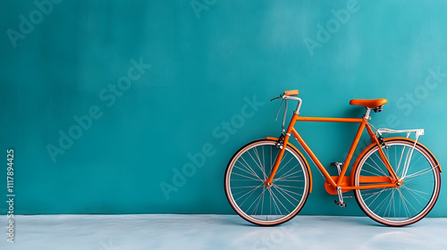 An orange bicycle stands against a minimalist teal wall, striking a balance between simplicity and boldness, suggesting a peaceful urban lifestyle and modernity.