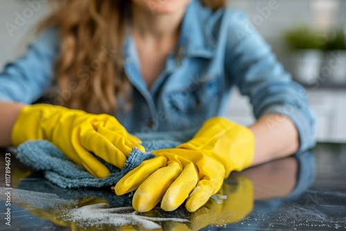 Close up of a joyful housewife in yellow gloves wiping a table with a cloth in the kitchen