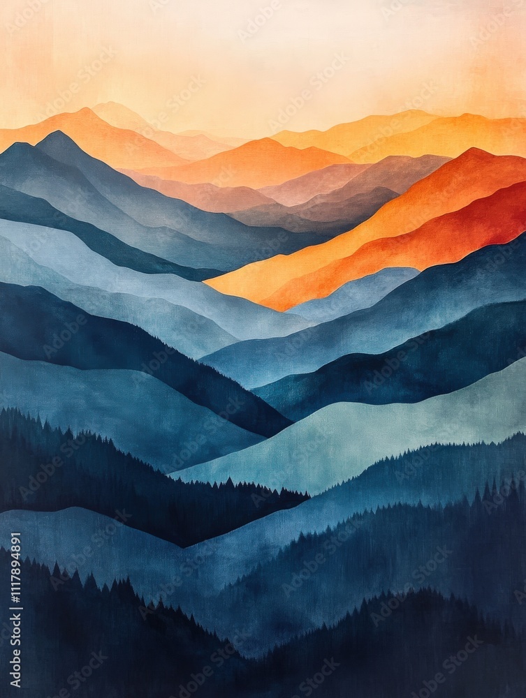 A serene watercolor landscape featuring layered mountains in varying shades of blue and orange, capturing the beauty of a sunset over the horizon. A serene watercolor landscape featuring layered mountains in varying shades of blue and orange, capturing the beauty of a sunset over the horizon.