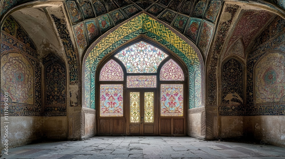Majestic ornamental door in an old palace, set within a mosaic-covered arch, radiating timeless artistic mastery Majestic ornamental door in an old palace, set within a mosaic-covered arch, radiating timeless artistic mastery