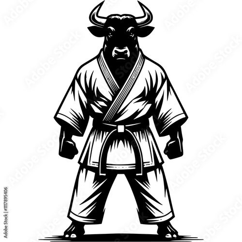 Karateka oxstands in fighting stance ready for tournament in monochrome. Wild bull animal looks confidence. Tattoo minimalistic vector in black ink drawing on transparent background