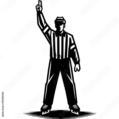 Hockey referee raises his hand indicating stop play in monochrome. Simple minimalistic vector in black ink drawing on transparent background