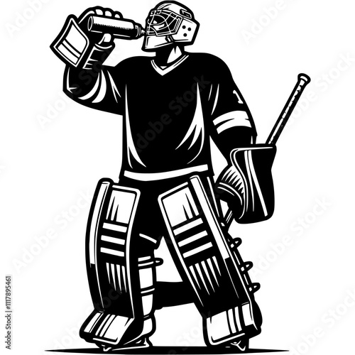 Hockey goalie in uniform drinks water during break in monochrome. Simple minimalistic vector in black ink drawing on transparent background