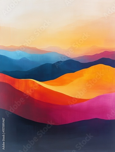 A vibrant abstract landscape featuring layered mountains in warm and cool hues, blending oranges, pinks, and blues against a soft sky.