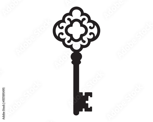  A vintage key with an intricate design, black silhouette with on a white background,