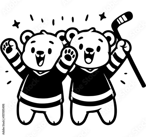 Polar bear fans in hockey team uniforms celebrate victory in monochrome. Simple minimalistic vector in black ink drawing on transparent background