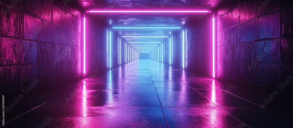 Neon lights illuminating a dark corridor with a wet floor. Neon lights illuminating a dark corridor with a wet floor.