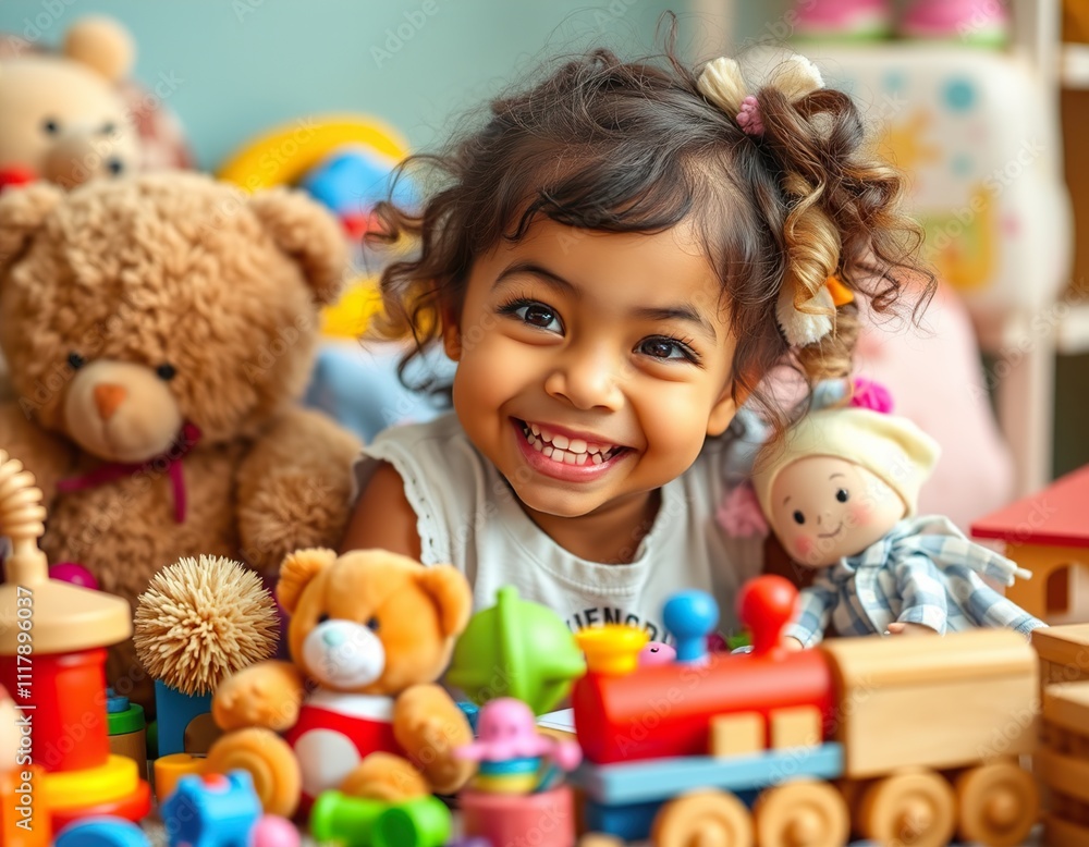 A cheerful, curious young girl with a bright smile, surrounded by a vibrant assortment of toys. A cheerful, curious young girl with a bright smile, surrounded by a vibrant assortment of toys.