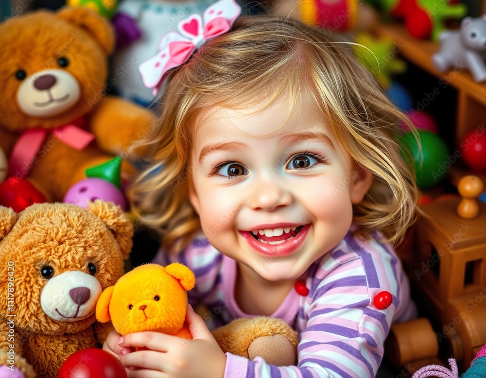 A lively, curious young girl with a big smile, surrounded by a colorful array of toys A lively, curious young girl with a big smile, surrounded by a colorful array of toys