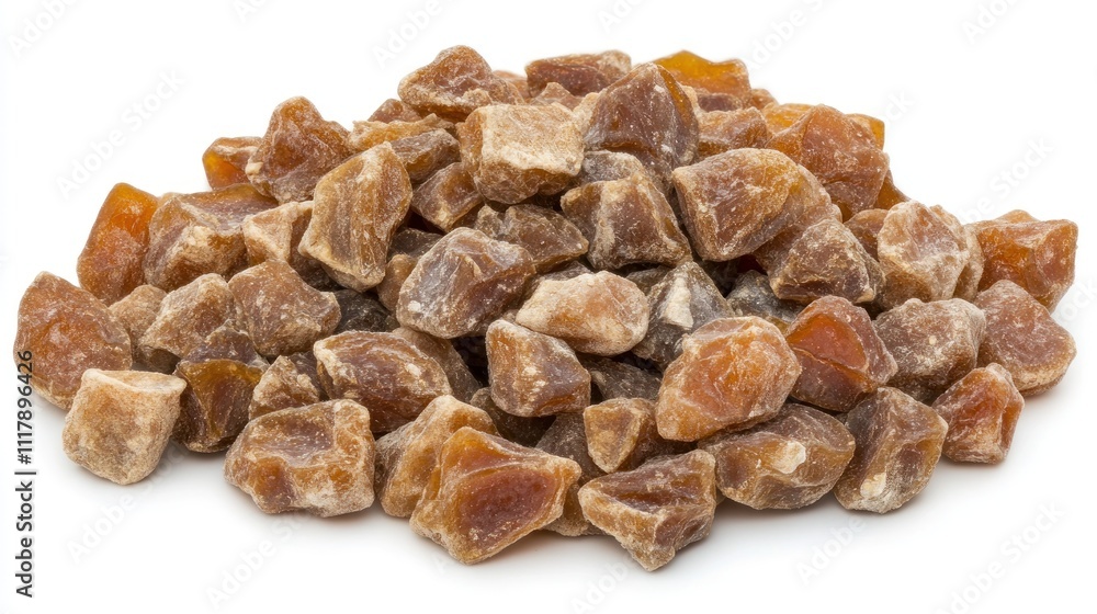 A pile of brown sugar crystals on a white background A pile of brown sugar crystals on a white background